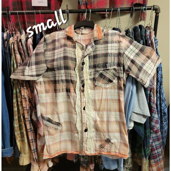 Flannel distressed shirt upcycled patchwork boho Hippie Reworked small repurpose - Picture 1 of 4